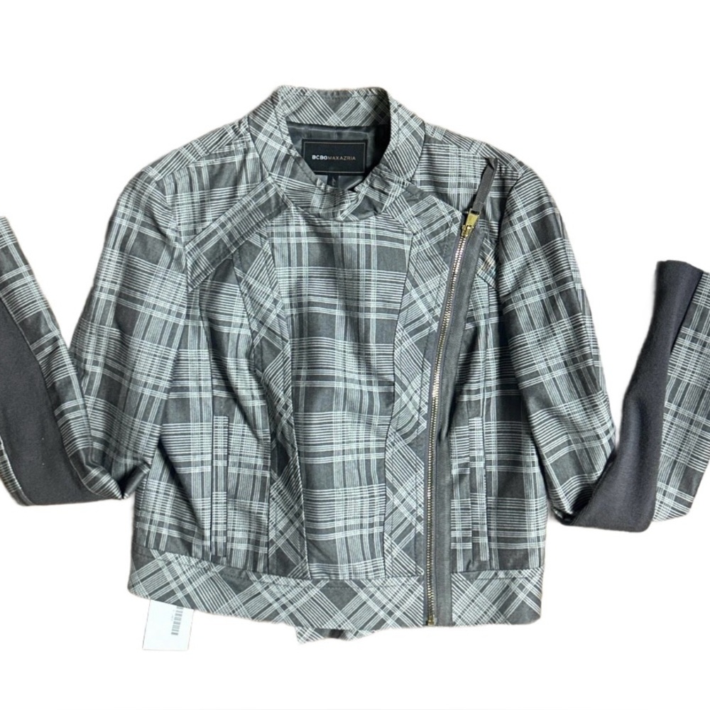 BCBG MaxAzria ~ Medium ~ Vintage ~ Plaid Grey/White Cropped Moto Jacket